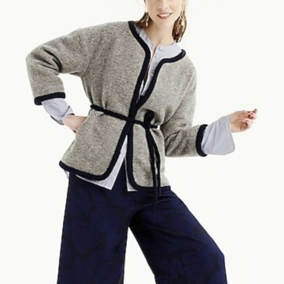 J.Crew Boiled Wool Sweater Knit Wrap Tie Gray Jacket Coat